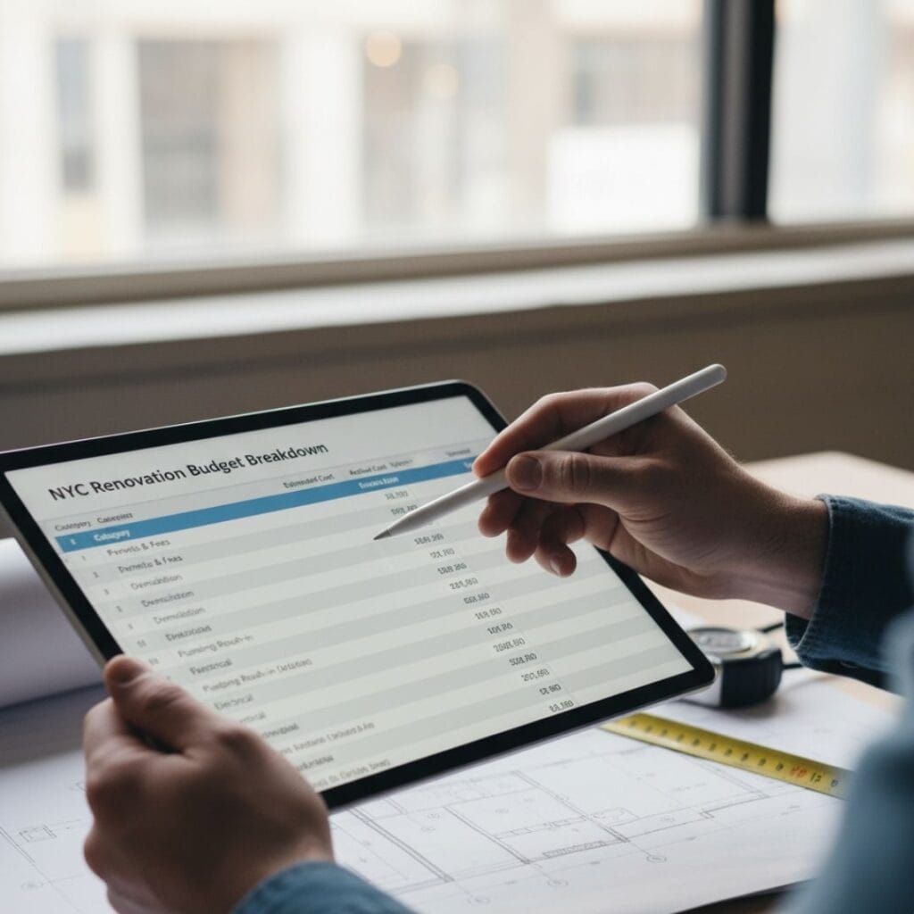 man on a tablet looking at a budget