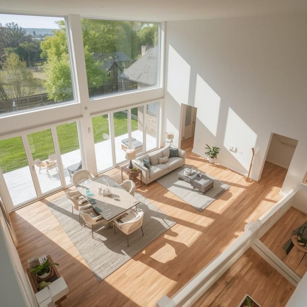 A square photograph showing a spacious, sun-drenched open-concept living room and dining area with hardwood floors and large windows.