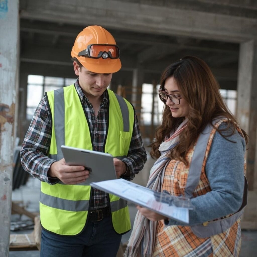 A square photograph of a project manager in a hard hat and safety vest reviewing digital plans on a tablet with a client at a construction site.