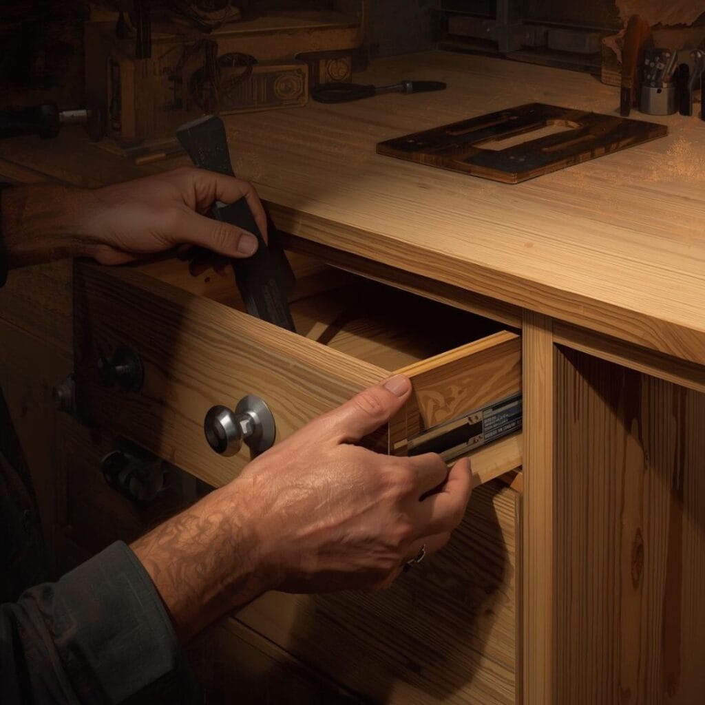 A close-up shot of a craftsman's hands using a tool to precisely install a drawer on a custom-built wooden cabinet.