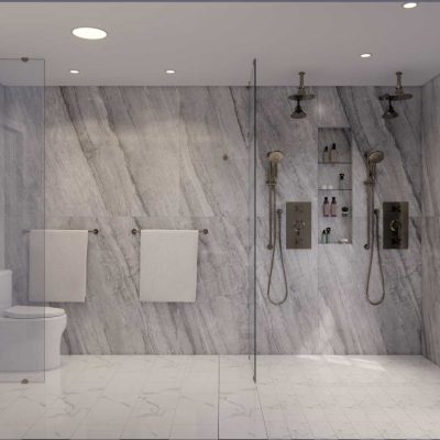 large shower area with toilet